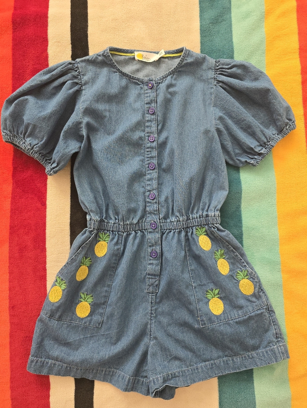 Boden Denim Pineapple Embroidered Kids Romper - Blue Size 7-8 128cm